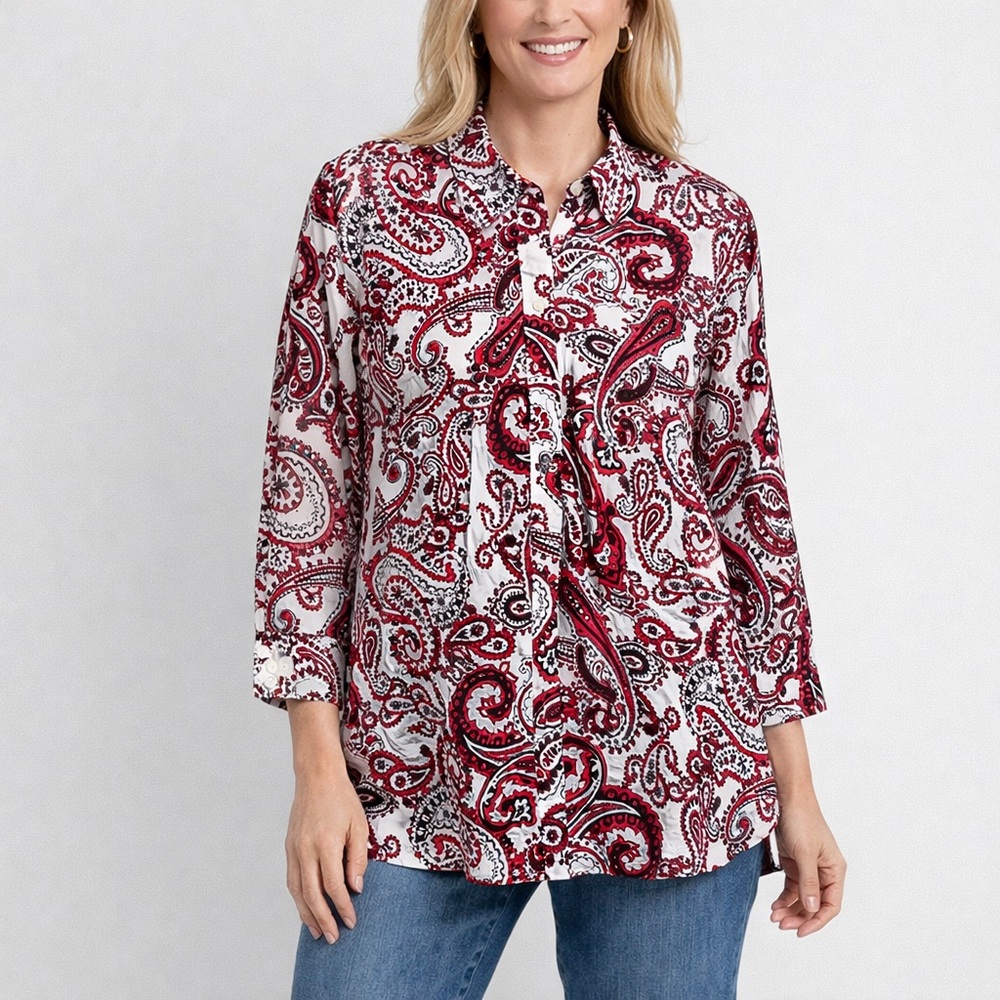 Jones New York Paisley Button Front Blouse Womens Cotton Long Sleeve Size XL